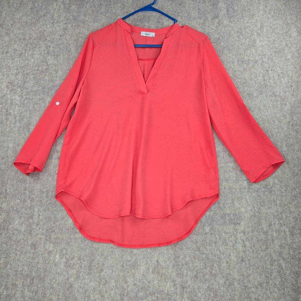 VLD Womens Coral Long Sleeve V-Neck High-Low Hem Blouse Size S Polyester